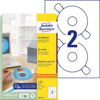 etykiety papierowe na płyty CD Avery Zweckform, A4, 25 ark./op., śr.117 mm, białe