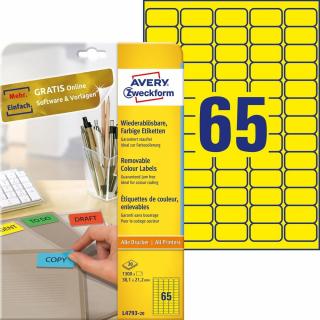Etykiety usuwalne kolorowe Avery Zweckform; A4, 20 ark./op., 38,1 x 21,2 mm, żółte