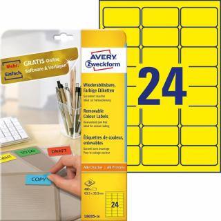 Etykiety usuwalne kolorowe Avery Zweckform; A4, 20 ark./op., 63,5 x 33,9 mm, żółte