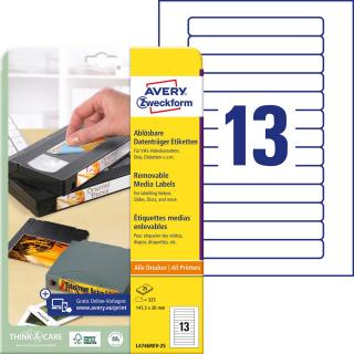 Usuwalne etykiety papierowe na kasety wideo Avery Zweckform, A4, 25 ark./op., 147,3 x 20 mm, białe
