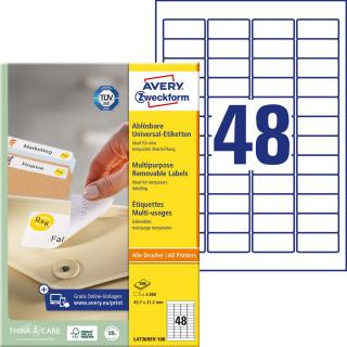 Usuwalne etykiety papierowe uniwersalne Avery Zweckform, A4, 100 ark./op., 45,7 x 21,2 mm, białe