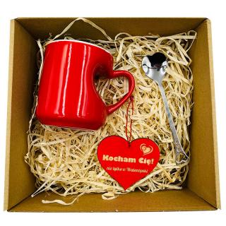 Kubek z uchwytem w kształcie serca, łyżeczka i zawieszka - Zestaw prezentowy na Walentynki