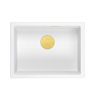 LOGAN 100 GraniteQ zlewozmywak snow white 56,5x45,1x21,5 cm 1-komorowy podwieszany z syfonem manualnym złoty