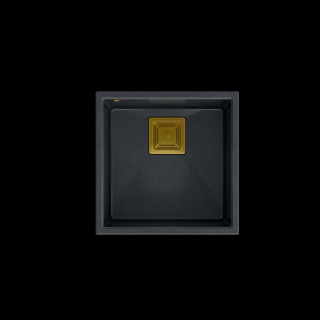 QUADRON DAVID 40 GraniteQ zlewozmywak black diamond 42x42x22,5 cm 1-komorowy b/o komora podwieszana kwadratowy odpływ + syfon manualny złoty save spac