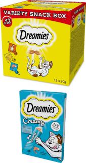 Dreamies Variety Snack Box Przysmak Mix Smaków dla kota op. 12x60g + Dreamies Creamy z łososiem 4x10g GRATIS