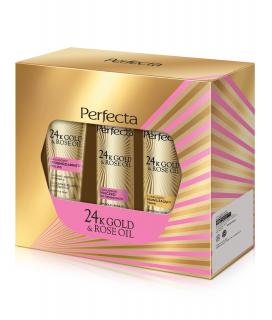 Perfecta 24K Gold i Rose Oil Zestaw peeling Drobnoziarnisty Mleczko i Tonik