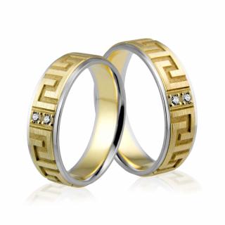 Obrączki ślubne złote dwukolorowe z greckim wzorem i brylantami - Au-495