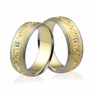 Obrączki ślubne złote dwukolorowe z greckim wzorem i brylantem - Au-529
