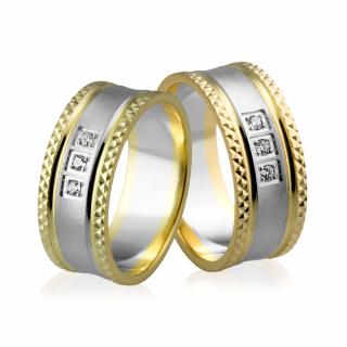 Obrączki ślubne złote dwukolorowe z nacięciami i brylantami - Au-568