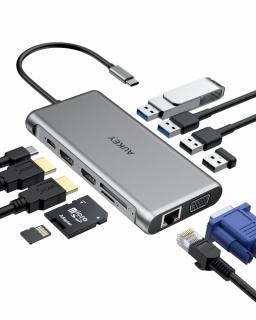 CB-C78 aluminiowy HUB USB-C | 12w1 | RJ45 Ethernet 10/100/1000Mbps | 2xUSB 3.1 | 2xUSB 2.0 | 2xHDMI 4k@30Hz | VGA | SD i microSD | USB-C