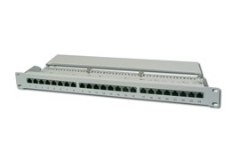 Patch panel 19" 24 porty, kat.6, S/FTP, 1U, wspornik kablowy, szary (kompletny)