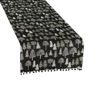 Czarny Bieżnik Bożonarodzeniowy 40x140 cm Choinki z Brokatem Z Pomponami