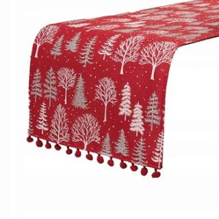 Czerwony Bieżnik Bożonarodzeniowy 40x140 cm Choinki z Brokatem i Pompon