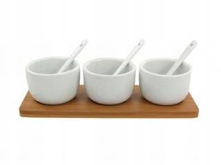 Porcelanowa PATERA do serwowania dipów 3 MISKI z bambusową podstawą