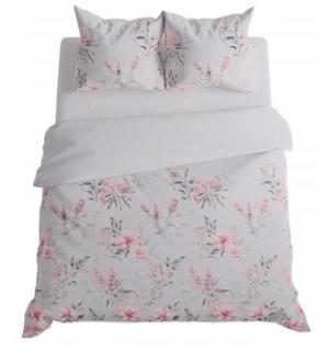 POŚCIEL 160x200 SATYNA 100% BAWEŁNA AZALEA KWIATY NA SZARYM TLE