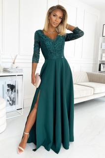 309-5 AMBER elegancka koronkowa długa suknia z dekoltem - ZIELEŃ BUTELKOWA Numoco
