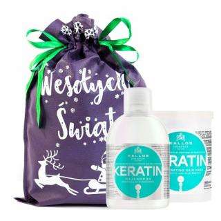 ZESTAW PREZENTOWY KALLOS KERATIN SZAMPON + MASKA | 2X1000ML + WOREK ŚWIĄTECZNY