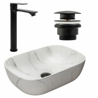 Zestaw Umywalka Rea Belinda Marble Mat + Bateria Mayson High Black Mat + Korek Uniwersalny Black Mat