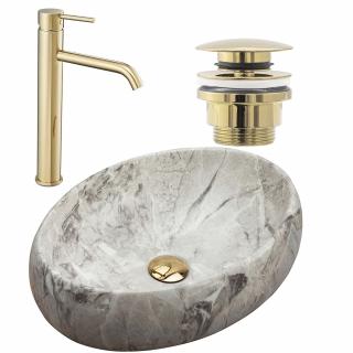Zestaw Umywalka Rea Linda Stone + Bateria High Lungo Gold + Korek Uniwersalny Gold