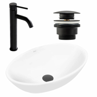Zestaw Umywalka Rea Pamela White + Bateria Lungo High Black + Korek Uniwersalny Black