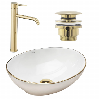 Zestaw Umywalka Rea Sofia Gold Edge + Bateria Lungo High Gold + Korek uniwersalny Gold