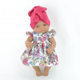 Zestaw sukienka kwiaty i turban bordowy dla lalki Miniland 32 cm