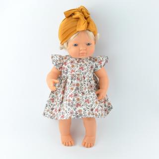 Zestaw sukienka kwiaty i turban karmelowy dla lalki Miniland 38 cm
