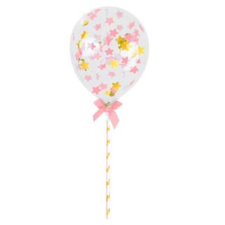TOPPER Balon konfetti różowy patyczek tort 1 sz