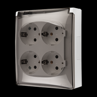 AQUACLICK Gniazdo 4-krotne [2x2] natynkowe z uziemieniem typu schuko, z przesłonami torów prądowych, IP44, klapka dymna, szybkozłącza, biały [5]