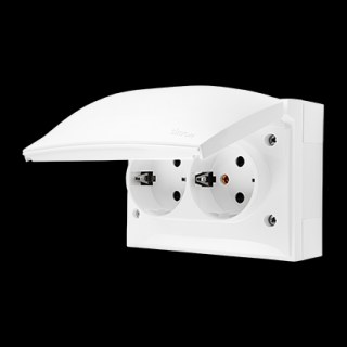 AQUACLICK Gniazdo podwójne kompaktowe natynkowe z uziemieniem typu schuko, IP44, klapka biała, zaciski śrubowe, biały [5]