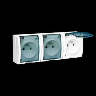 AQUARIUS Gniazdo potrójne natynkowe z uziemieniem 3x z przesłonami torów prądowych, IP54, klapka dymna, zaciski śrubowe, biały [6]