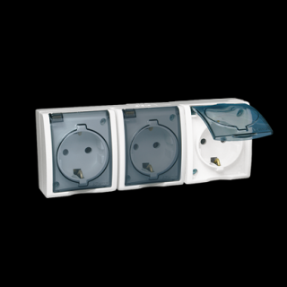 AQUARIUS Gniazdo potrójne natynkowe z uziemieniem typu schuko z przesłonami toró prądowych, IP54, klapka transparentna, zaciski śrubowe, biały [6]