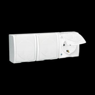 AQUARIUS Gniazdo potrójne natynkowe z uziemieniem typu schuko z przesłonami torów prądowych, IP54, klapka biała, zaciski śrubowe, biały [6]