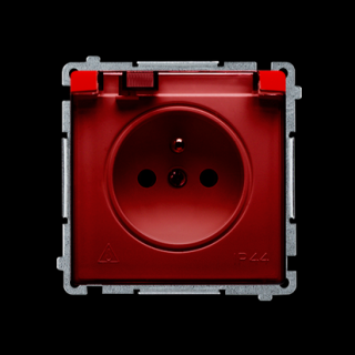 BASIC MOD. Gniazdo wtyczkowe z uziemieniem (moduł), bryzgoszczelne, z przesłonami torów prądowych; kol. czerwony, klapka dymna