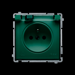 BASIC MOD. Gniazdo wtyczkowe z uziemieniem (moduł), bryzgoszczelne, z przesłonami torów prądowych; kol. zielony, klapka dymna