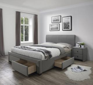 Tapicerowane łóżko Modena 140x200 cm, popielate, tapicerowane, z szufladami, do sypialni, do spania