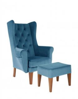 Zestaw pufa Uszak + fotel Uszak Chesterfield, niebieski, wygodny, tapicerowany, do salonu, z pikowaniem