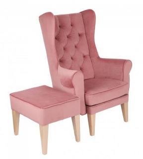 Zestaw pufa Uszak + fotel Uszak Chesterfield, różowy, wygodny, tapicerowany, do salonu, z pikowaniem