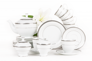 Serwis herbaciany polska porcelana 15 elementów biały / platynowy wzór dla 6 os. GEOS PLATIN