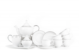 Serwis herbaciany polska porcelana 6 os. 16 elementów Biały / platynowy wzór DIAMENT PLATIN