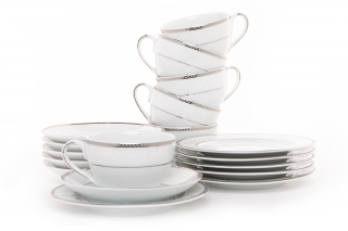 Serwis herbaciany polska porcelana 6 os. 18 elementów biały / platynowy wzór NEW HOLLIS PLATIN