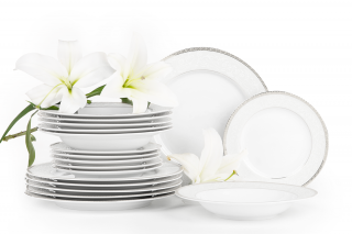 Serwis obiadowy polska porcelana 18 elementów biały / platynowy wzór dla 6 os. AGAWA PLATIN