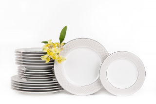 Serwis obiadowy polska porcelana 18 elementów biały / platynowy wzór dla 6 os. SCANIA