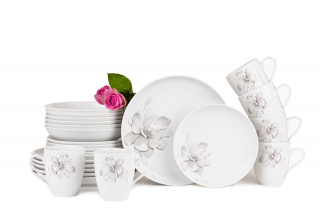 Serwis obiadowy polska porcelana 6 os. 24 elementy Biały / wzór magnolii NORA MAGNOLIA