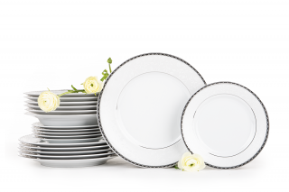 Zestaw obiadowy porcelana 18 elementów biały / platynowy wzór dla 6 os. AMELIA PLATYNA