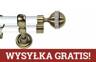 Karnisz Metalowy Prestige podwójny 25/19mm Globi Crystal Antyk mosiądz - biały