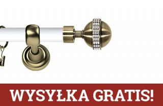 Karnisz Metalowy Prestige pojedynczy 25mm Globi Crystal Antyk mosiądz - biały