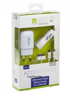 Zestaw M-LIFE (ML0606) ładowarka sieciowa USB 1A ładowarka samochodowa 2.1A Kabel USB 3w1
