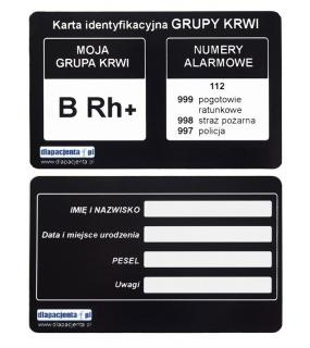 Karta informacyjna - grupa krwi - czarna - 0Rh-