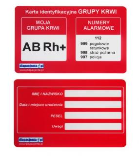 Karta informacyjna - grupa krwi - czerwona - 0Rh+